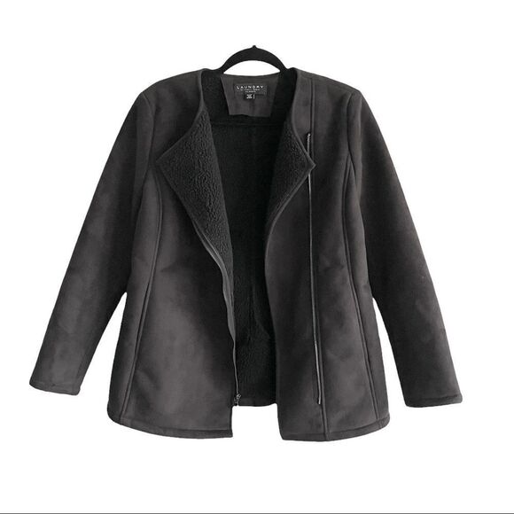 LAUNDRY BY SHELLI SEGAL Faux Suede Shearling Asymmetrical Winter Jacket Black S - Picture 3 of 7